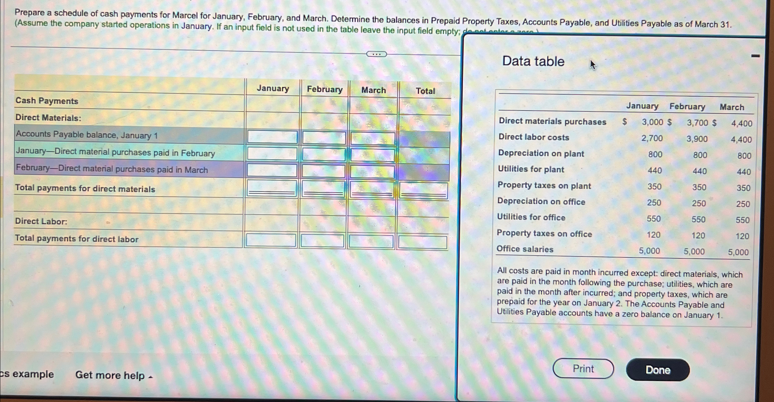 Prepare a schedule of cash payments for Marcel for January, February, and