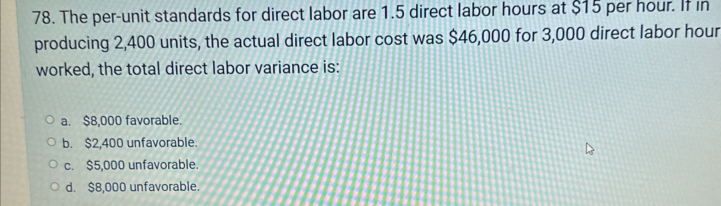 The per-unit standards for direct labor are 1.5 direct labor hours