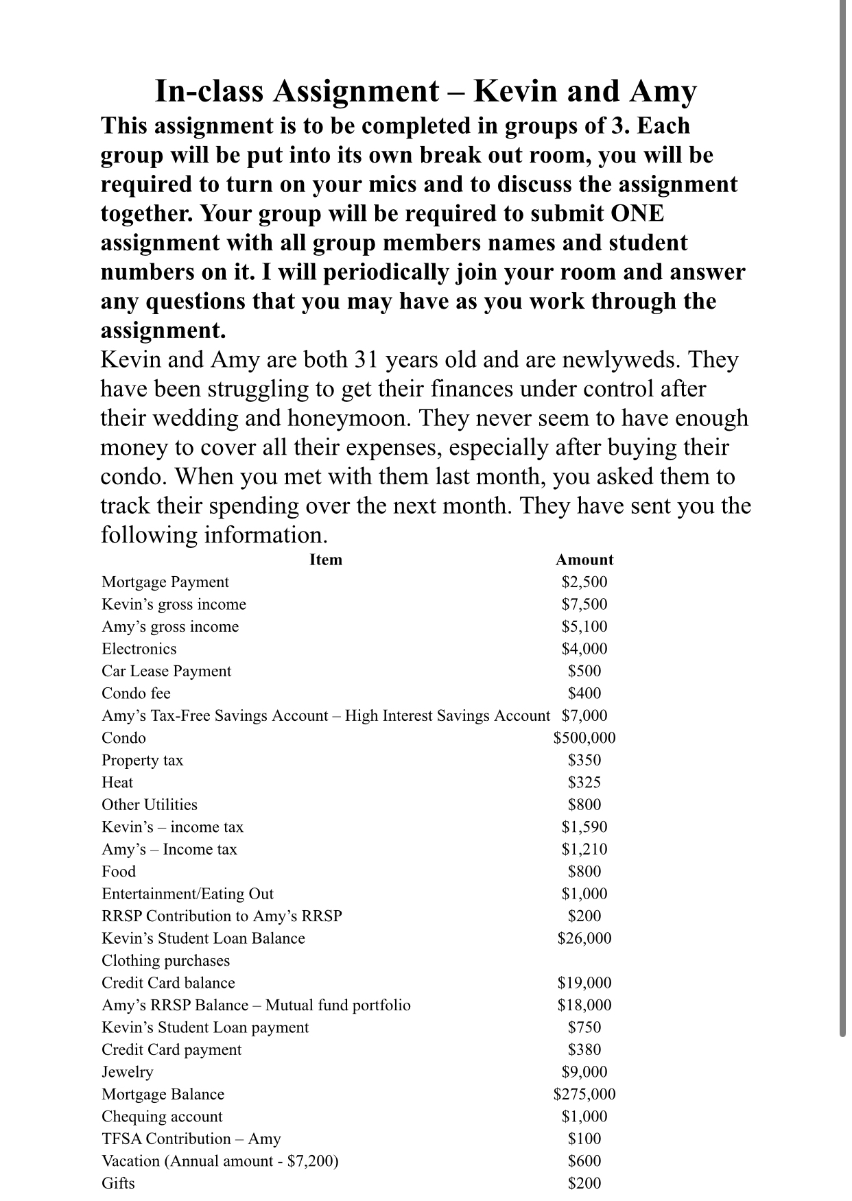  Requirements:1. Prepare Kevin and Amy's Net worthStatement using proper format. 2.