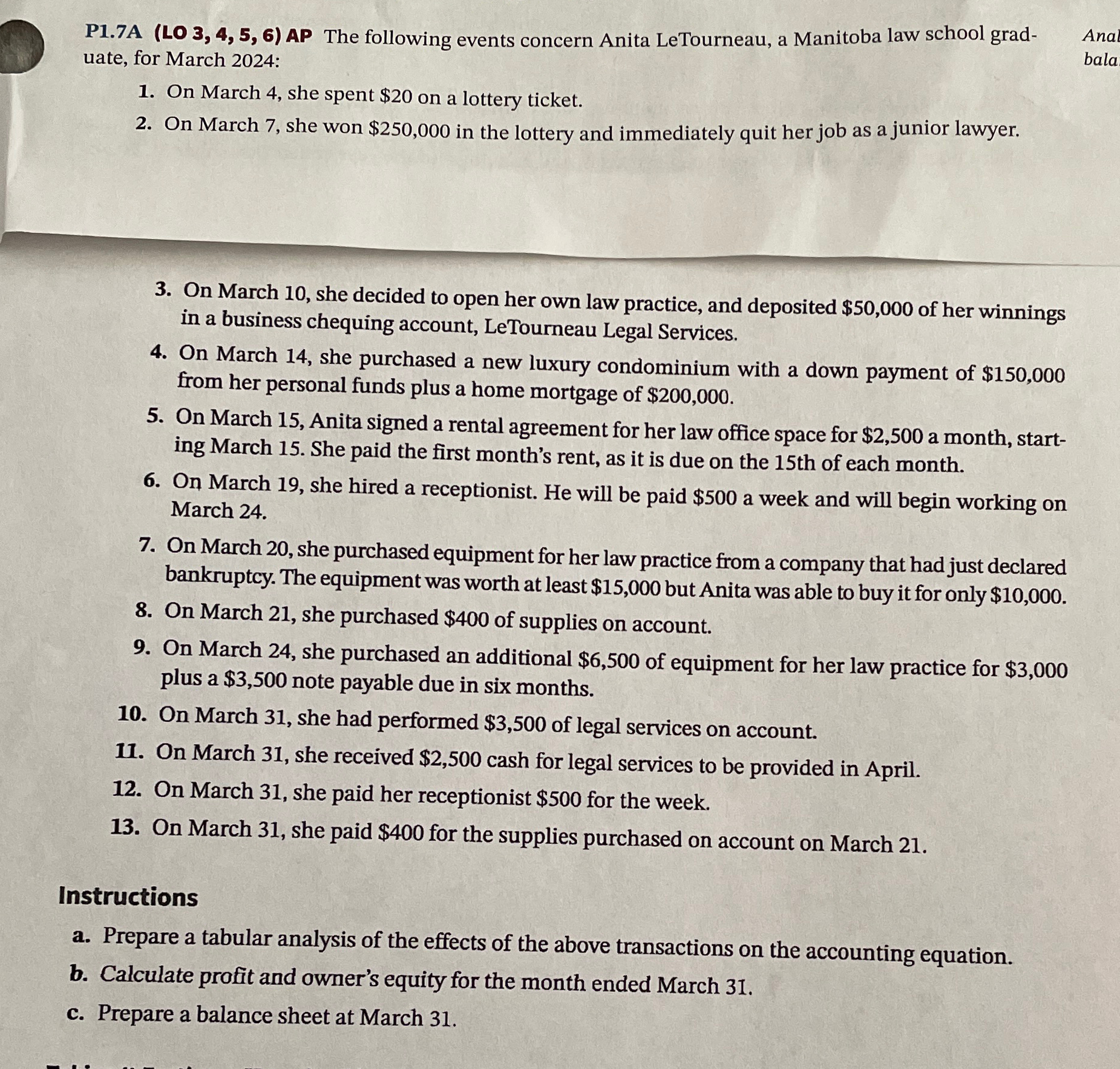  P1.7A (LO 3,4,5,6) AP The following events concern Anita LeTourneau, a