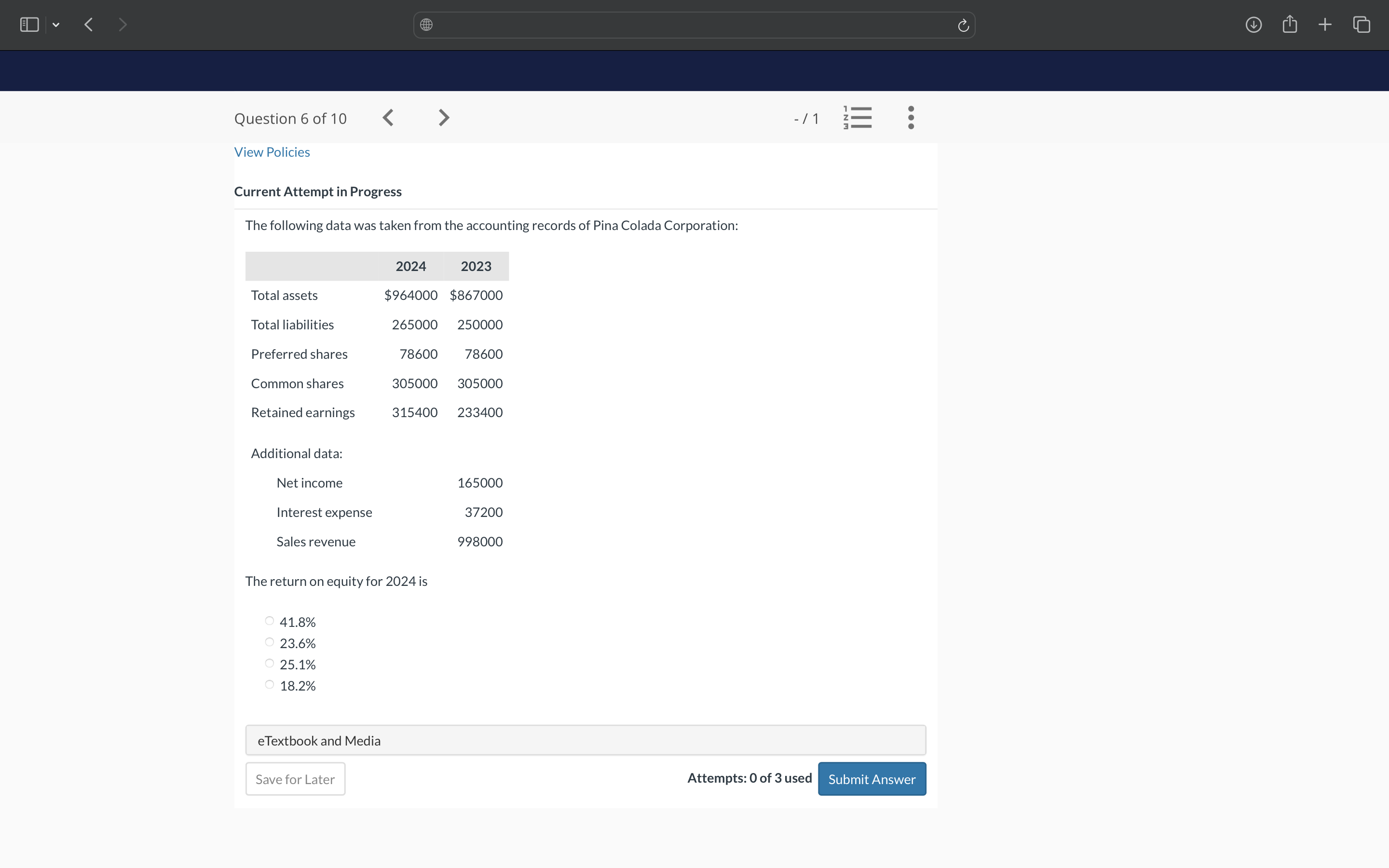 e Question 6 of 10 View Policies Current Attempt in Progress The
