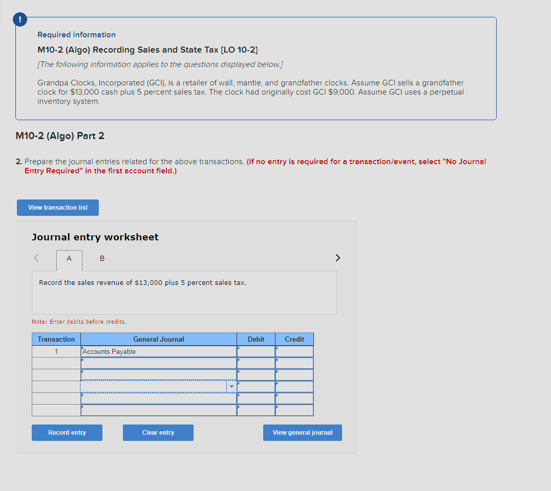  Required information M10-2(Algo) Recording Sales and State Tax [LO 10-2] [The