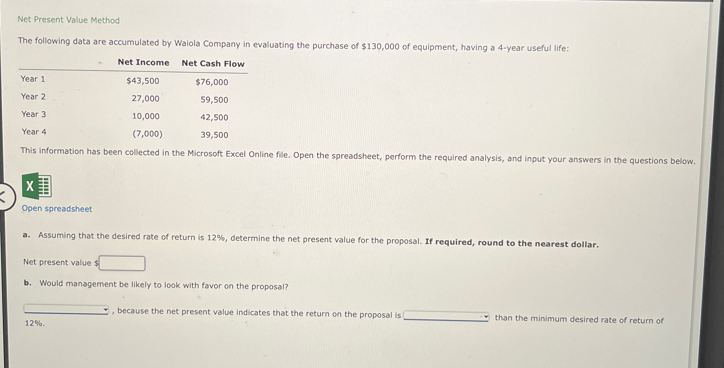  Net Present Value Method The following data are accumulated by Waiola