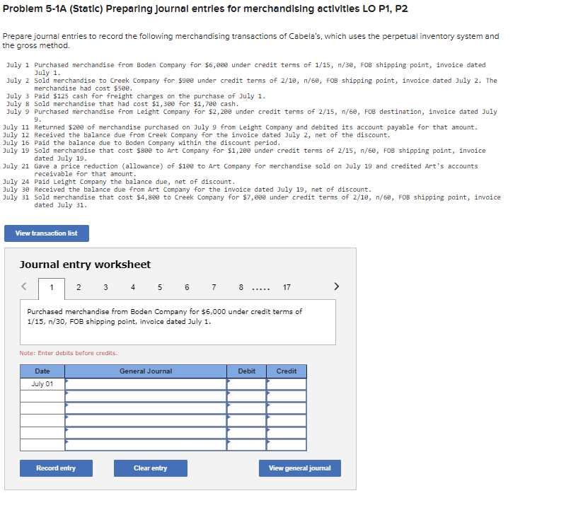 Problem 5-1A (Static) Preparing journal entrles for merchandising actlvitles LO P1,