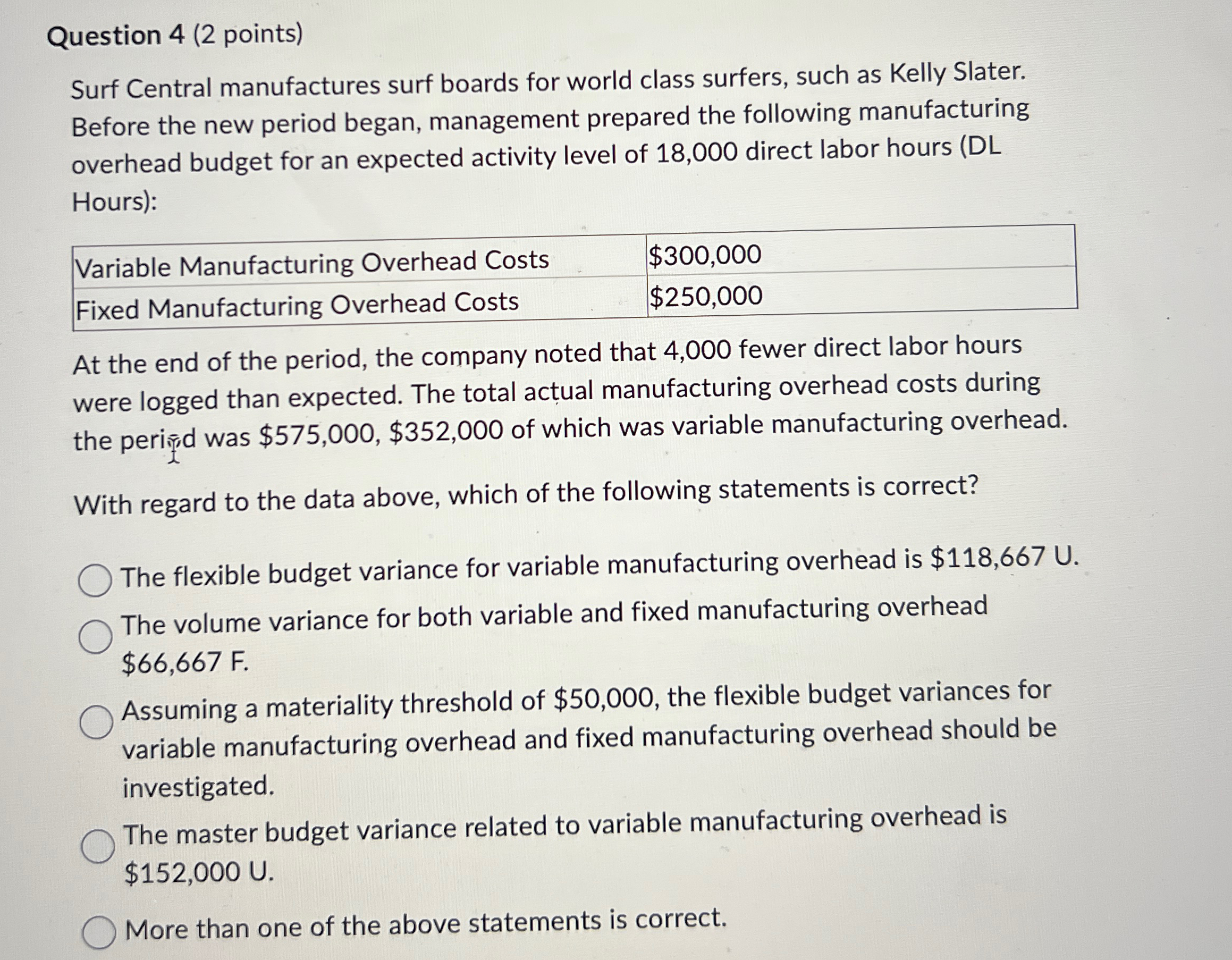  Question 4(2 points) Surf Central manufactures surf boards for world class