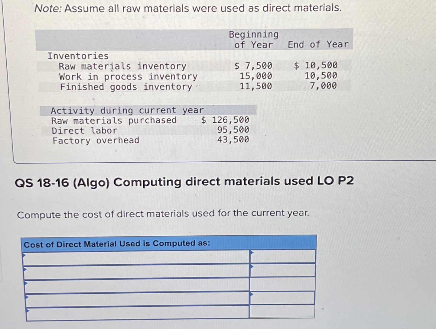  Note: Assume all raw materials were used as direct materials. \table[[,\table[[Beginning],[of