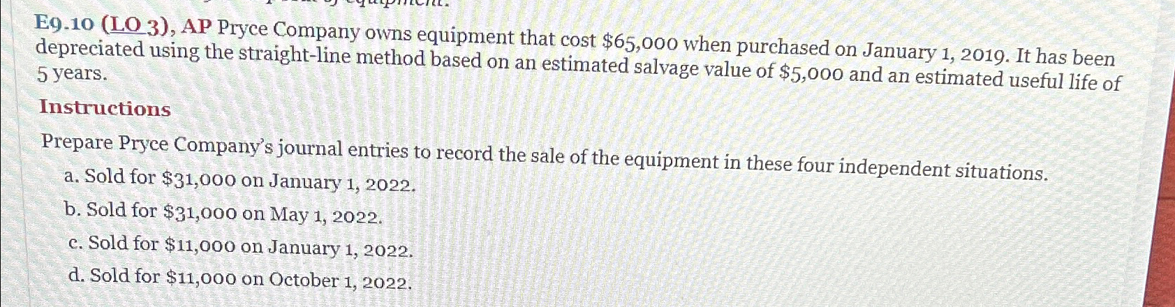  E9.10(LO 3), AP Pryce Company owns equipment that cost $65,000 when