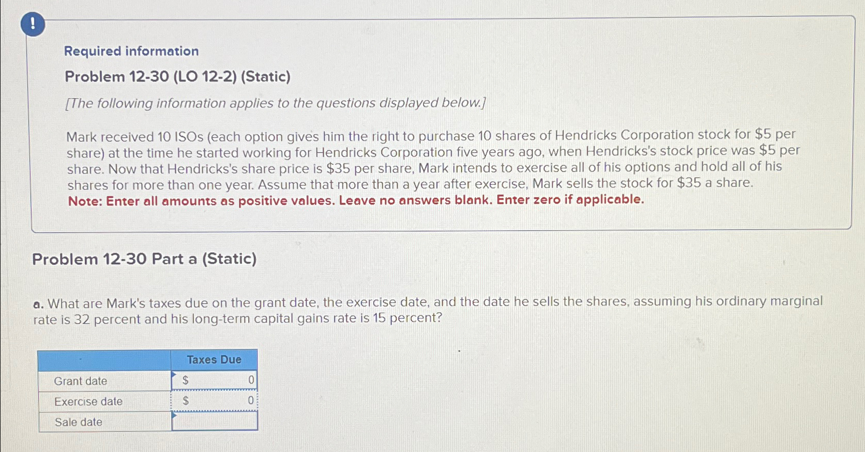 questions displayed below.] Mark received 10 ISOs (each option gives him the