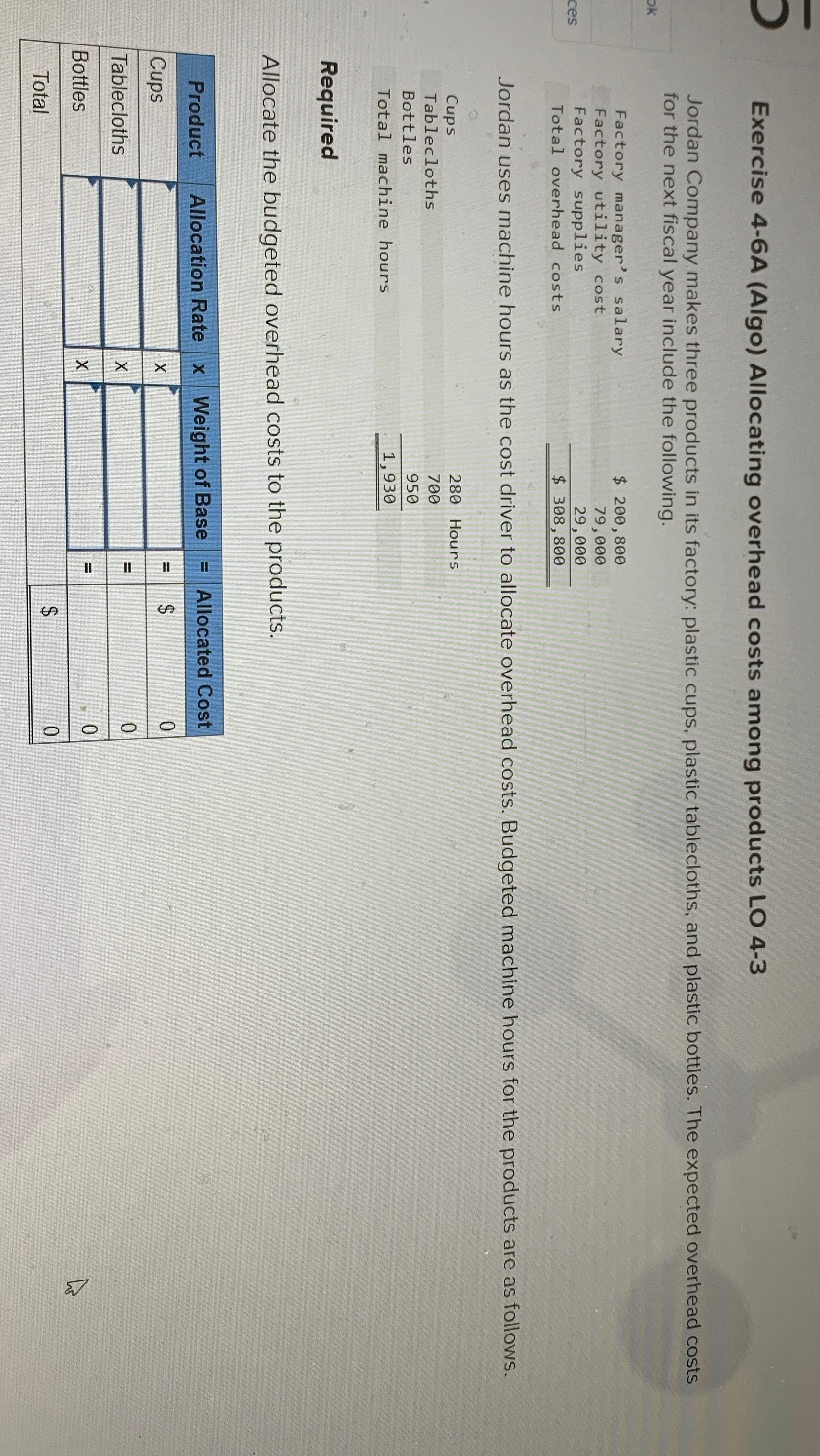 Exercise 4-6A (Algo) Allocating overhead costs among products LO 4-3 Jordan