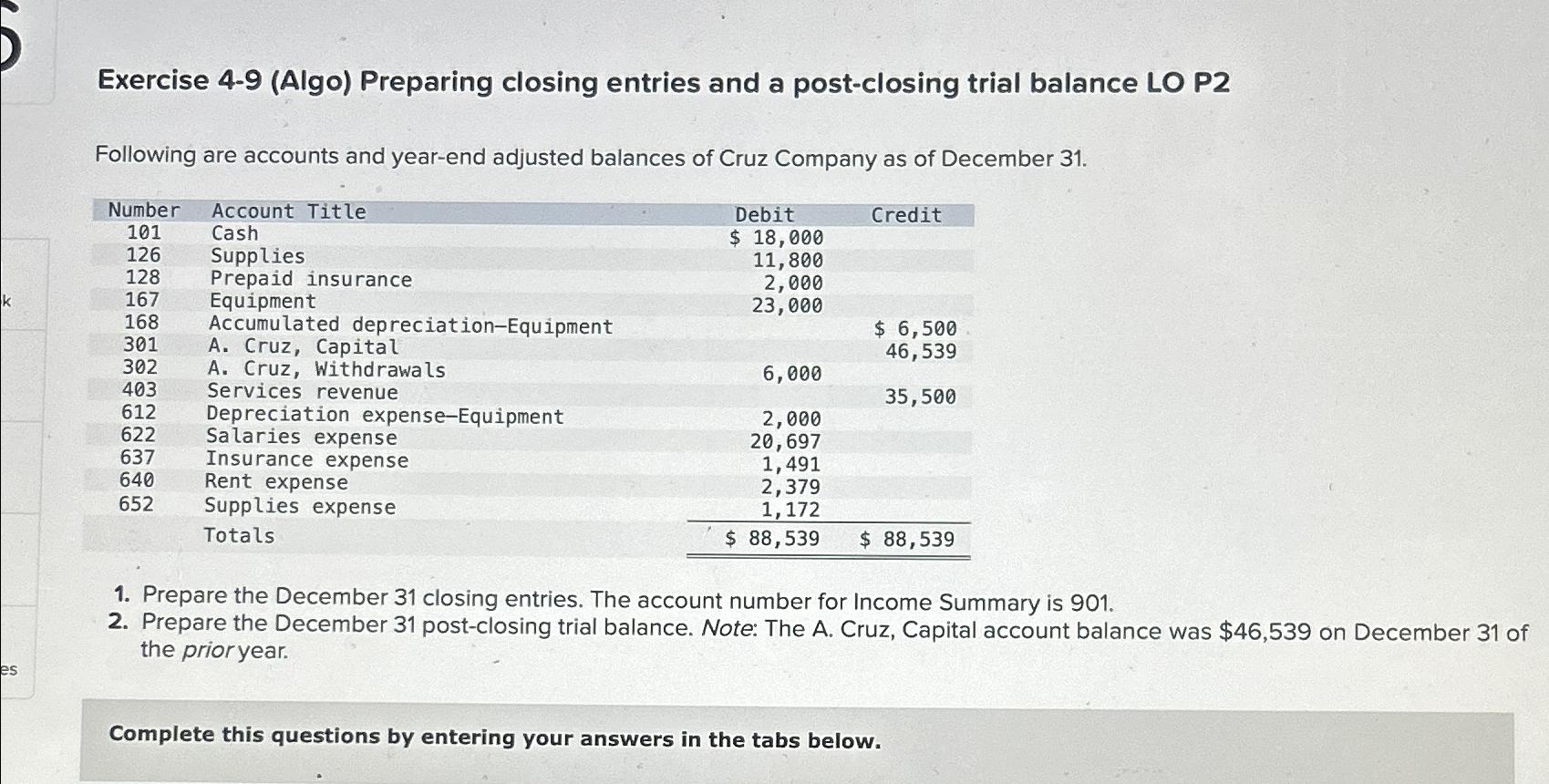 Exercise 4-9(Algo) Preparing closing entries and a post-closing trial balance LO