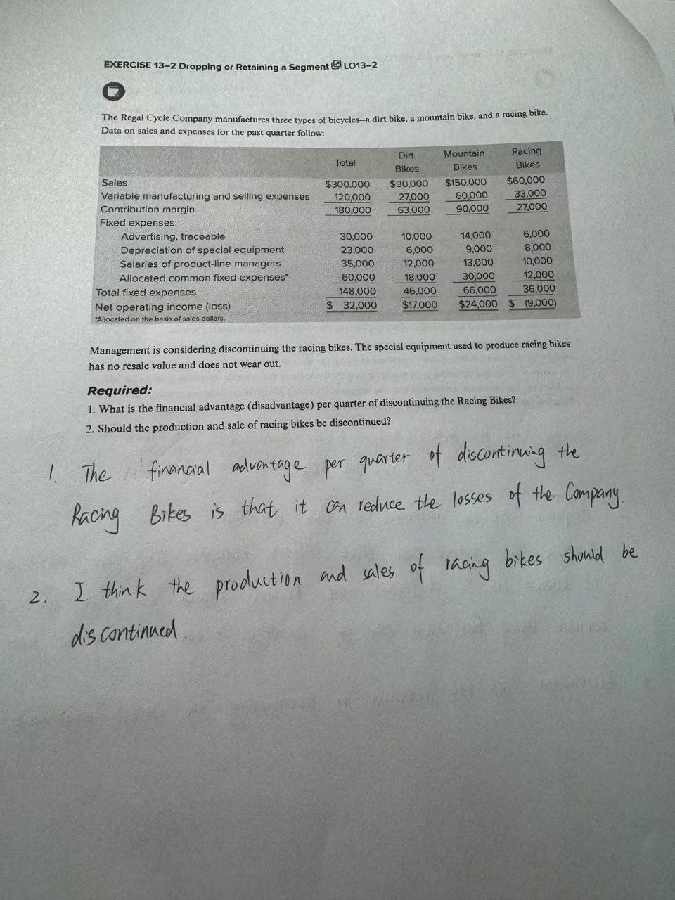  EXERCISE 13-2 Dropping or Retaining a Segment LO13-2 The Regal Cycle