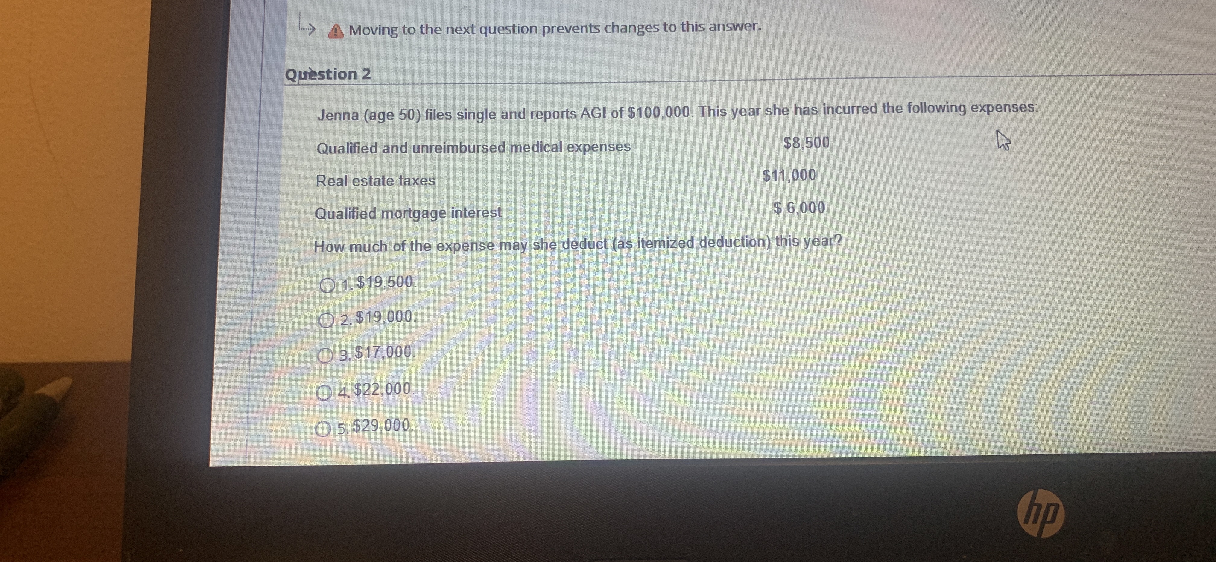 Mov Jenna (age 50) files single and reports AGI of $100,000.