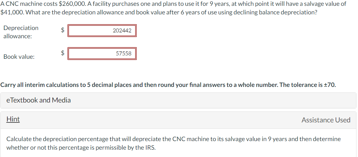  A CNC machine costs $260,000. A facility purchases one and plans