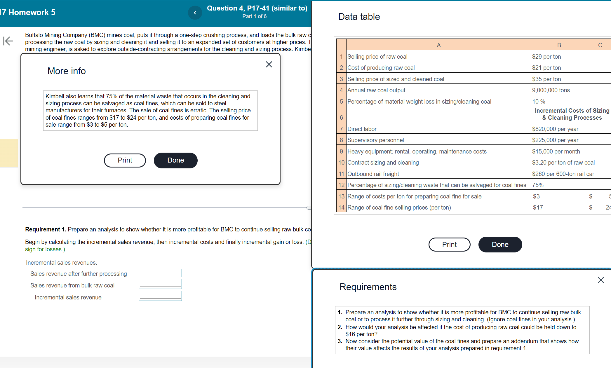Data table Buffalo Mining Company (BMC) mines coal, puts it through