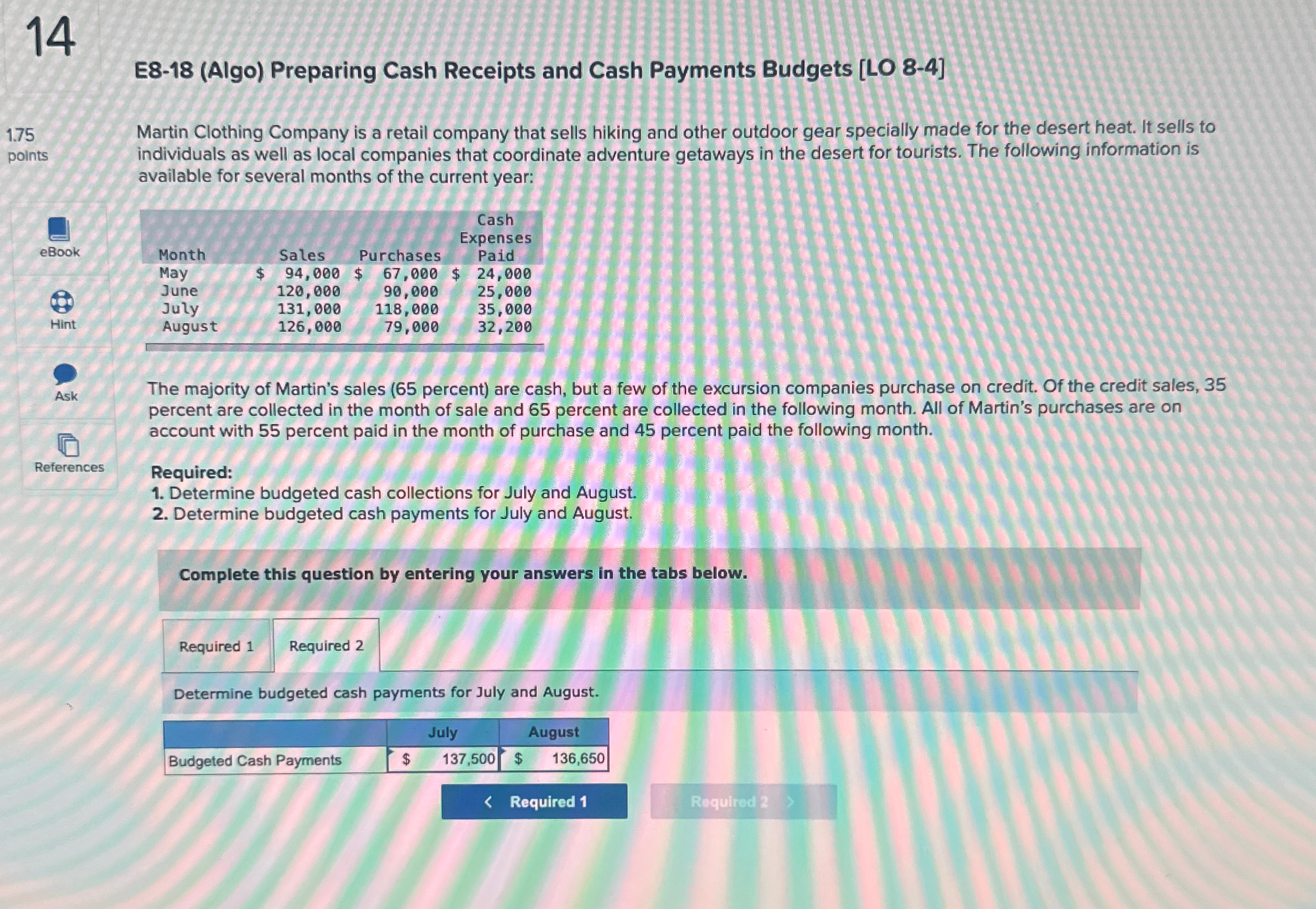  14 E8-18(Algo) Preparing Cash Receipts and Cash Payments Budgets [LO 8-4]