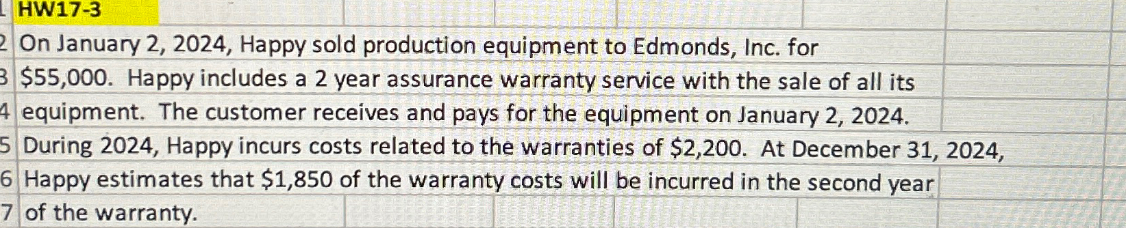 HW17-3 On January 2,2024, Happy sold production equipment to Edmonds, Inc.