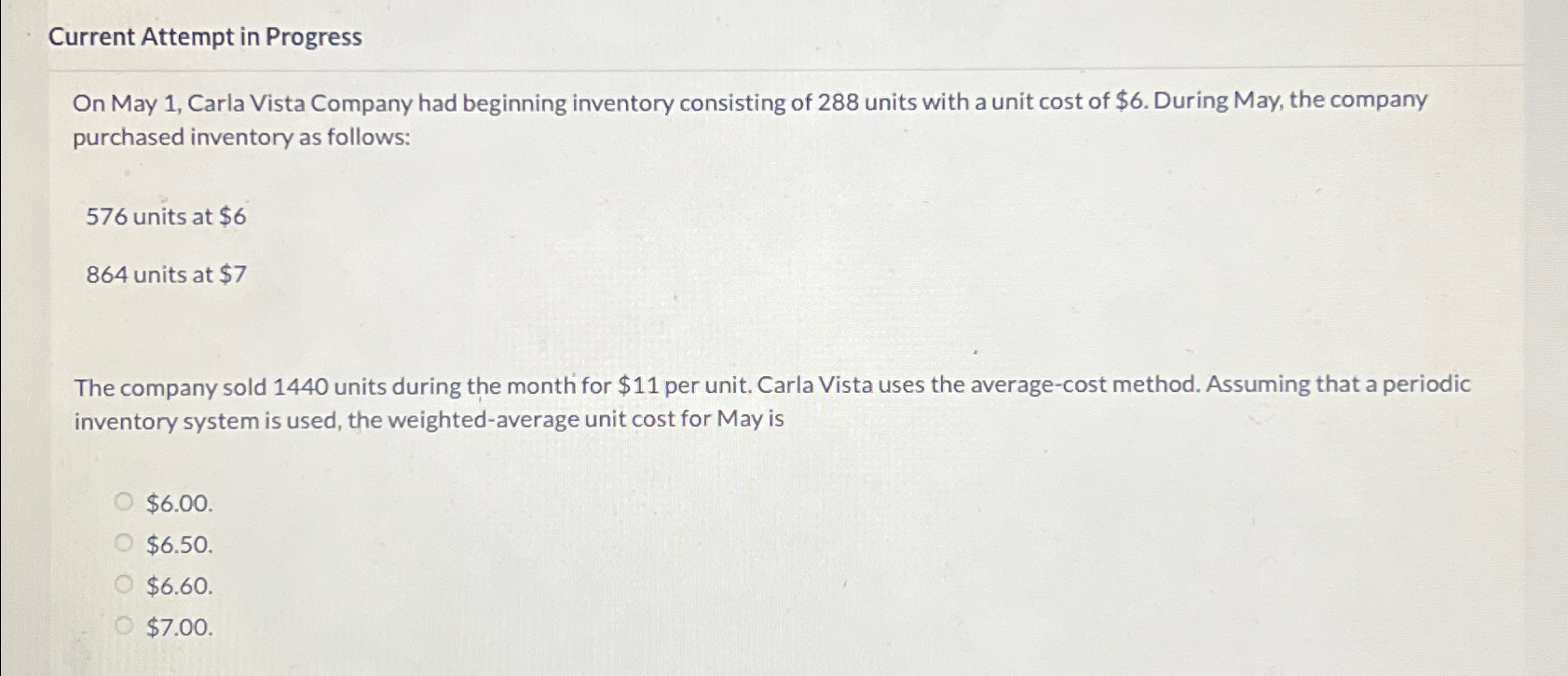 Current Attempt in Progress On May 1, Carla Vista Company had