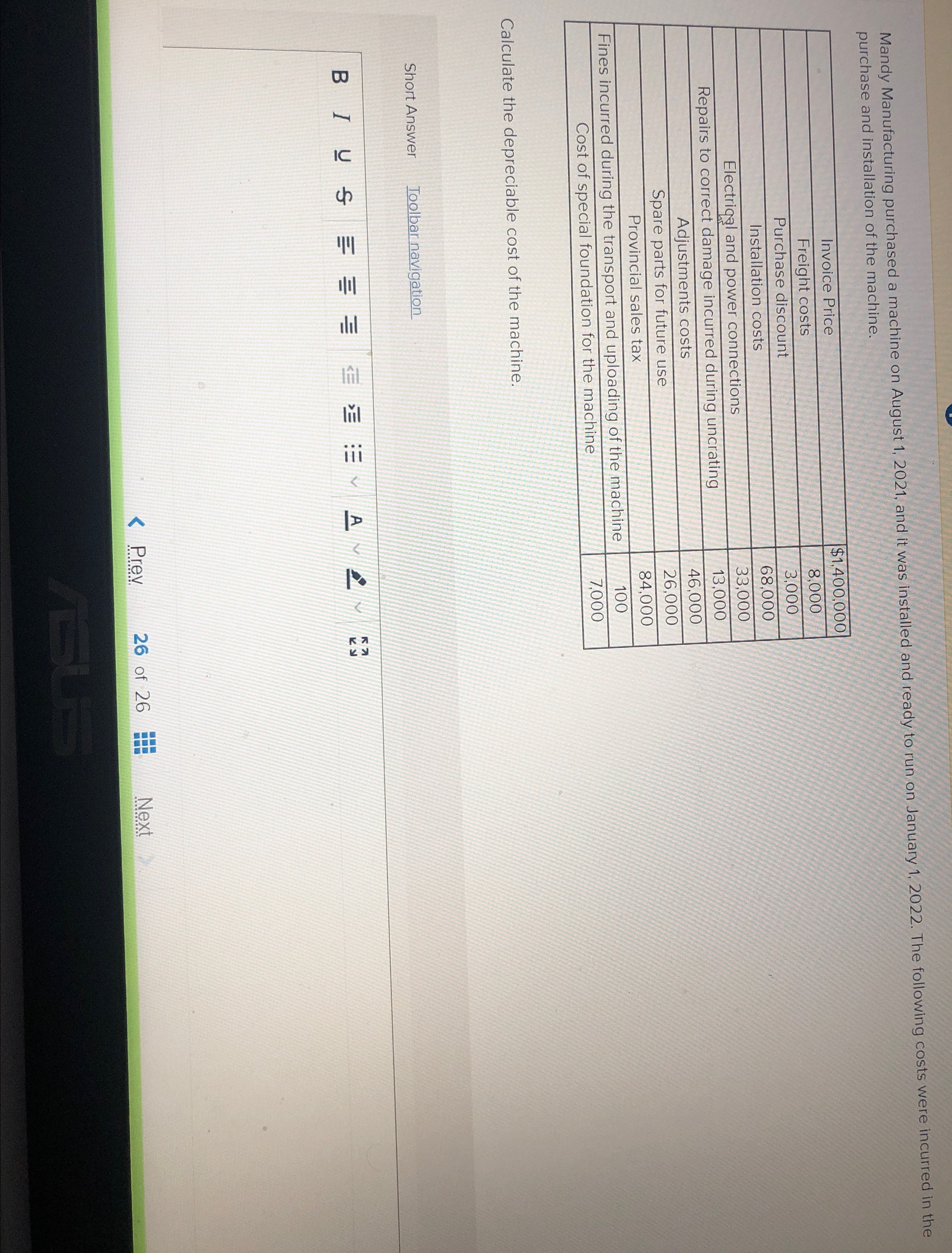  Mandy Manufacturing purchased a machine on August 1,2021, and it was