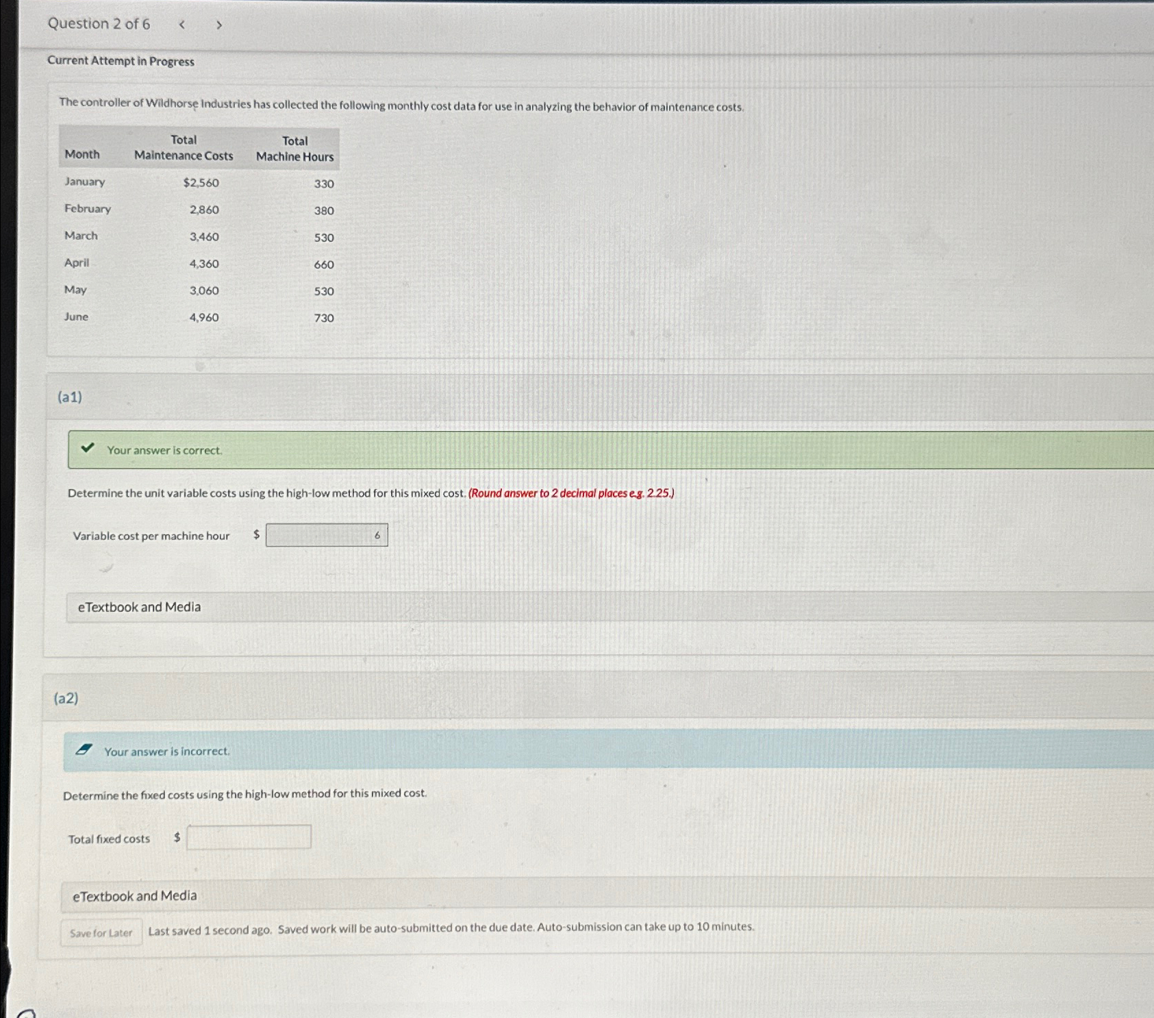 Wildhorse industries has collected the following monthly cost data for use in
