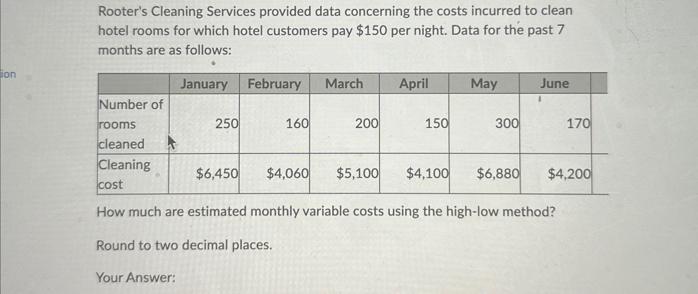 Rooter's Cleaning Services provided data concerning the costs incurred to clean