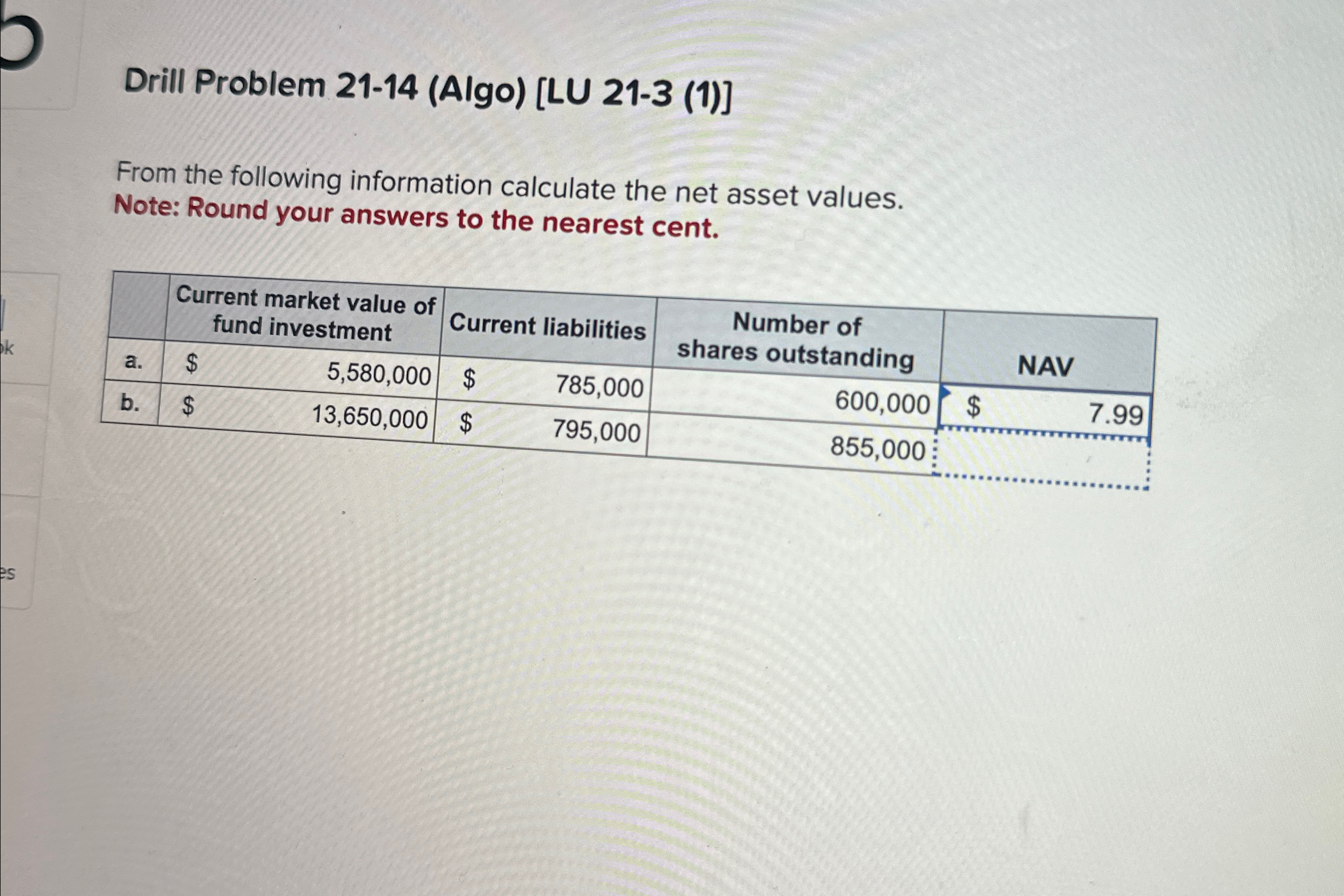 asset values. Note: Round your answers to the nearest cent. \table[[,\table[[\table[[Current market