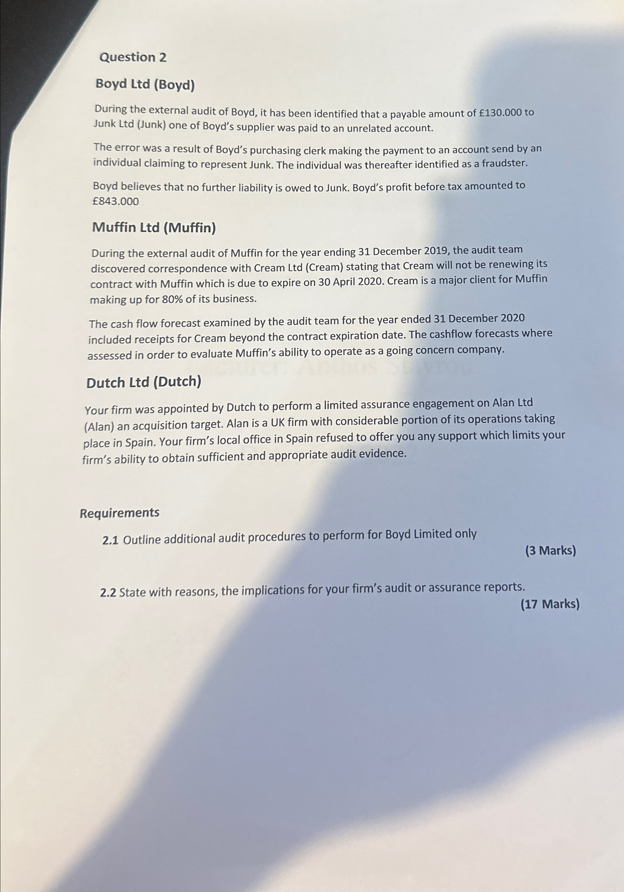  Question 2 Boyd Ltd (Boyd) During the external audit of Boyd,