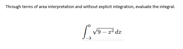 Through terms of area interpretation and without explicit integration, evaluate the integral.