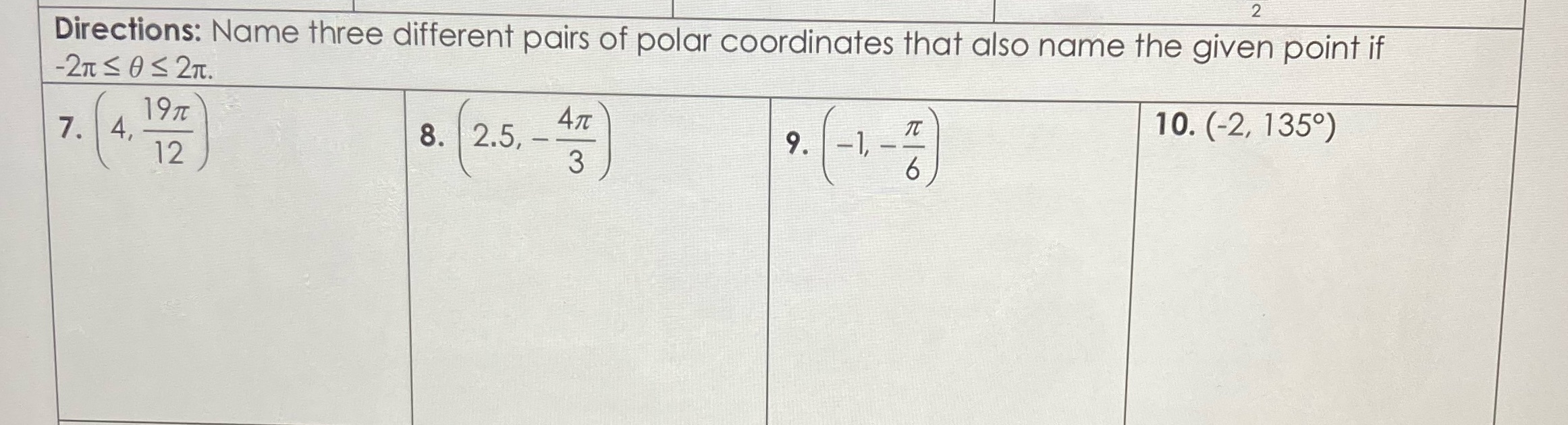 polar coordinates and equations 2 Directions: Name three different pairs of