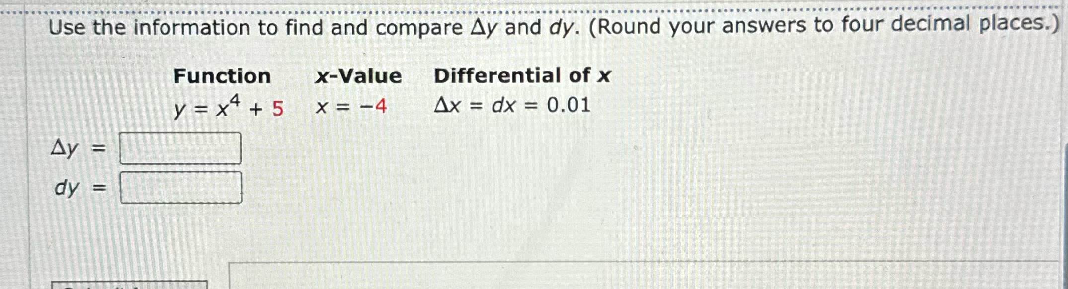 compare Ay and dy. (Round your answers to four decimal places.) Function