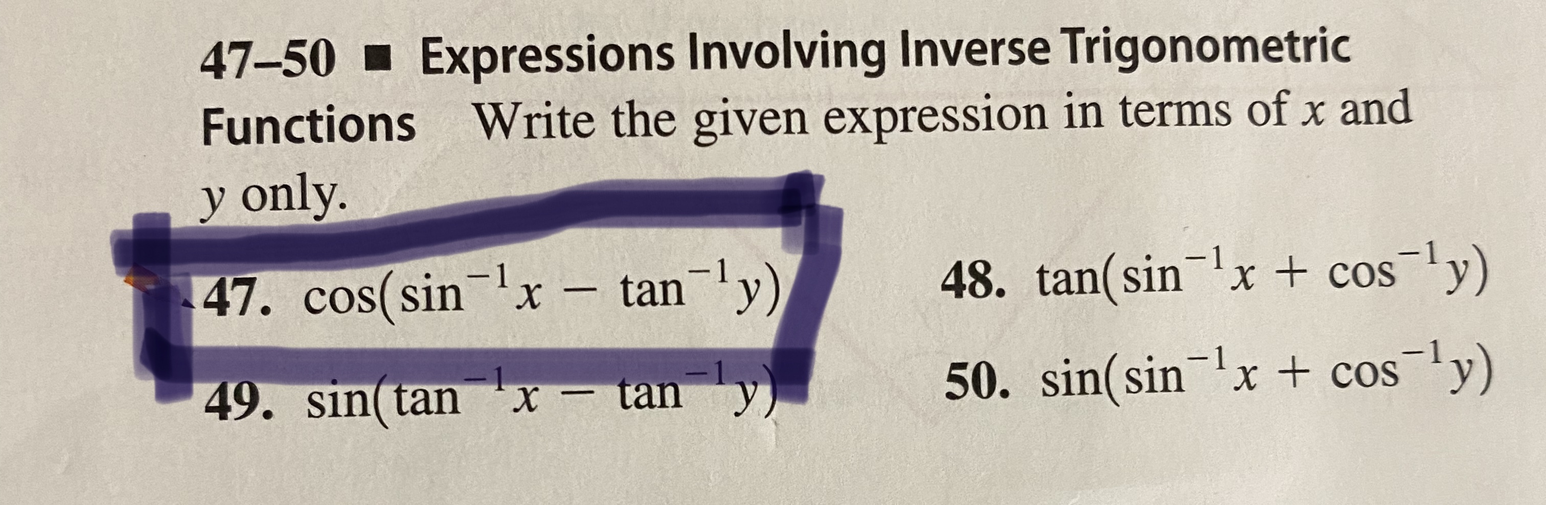 terms of x and y only. 47, cos(sin- x tan-ly) -49. 48.