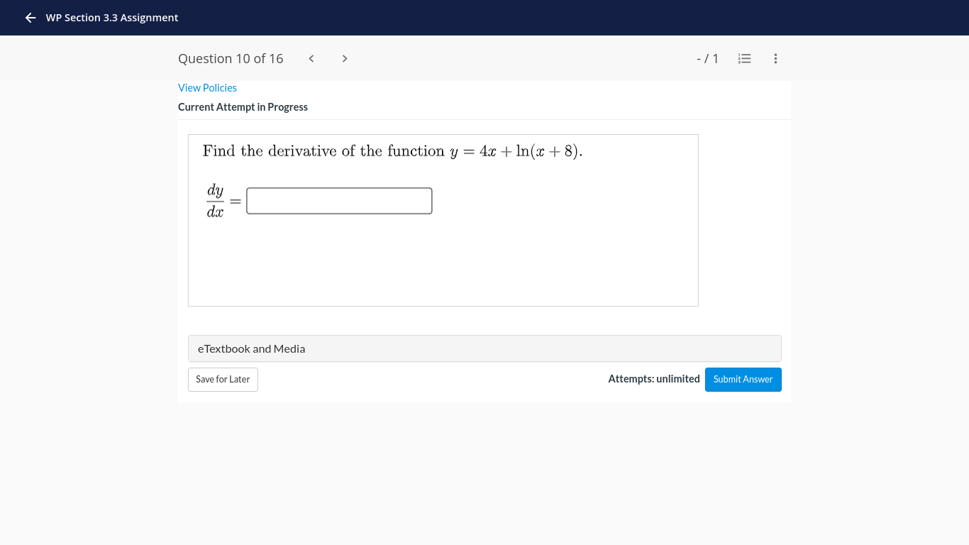 Section 3.3 Assignment Question 3 of 16 View Policies Current Attempt in