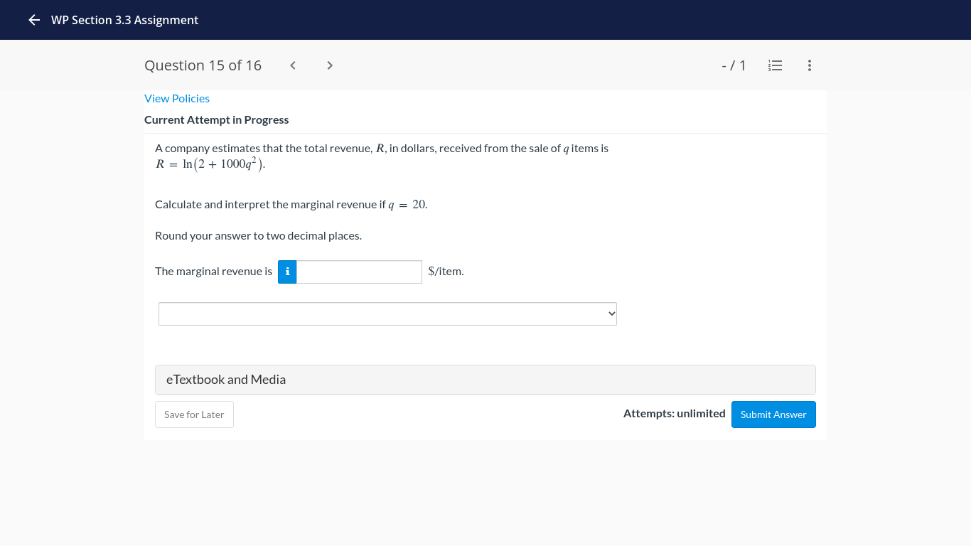 7). dy dt eTextbook and Media Save for Later Attempts: unlimited Submit