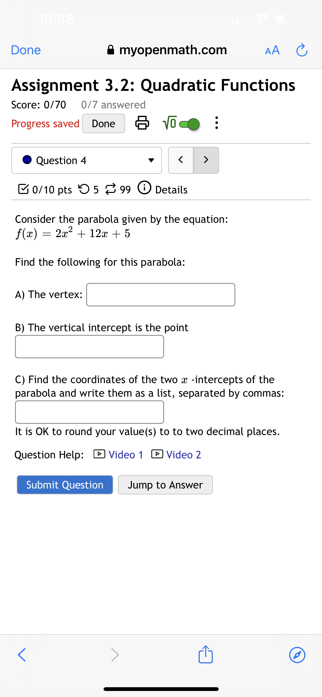 Polynomial Functions Score: 0/50 0/5 answered Progress saved Done (a) 'l/c. 0