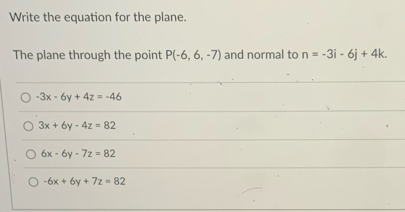 Write the equation for the plane. The plane through the point