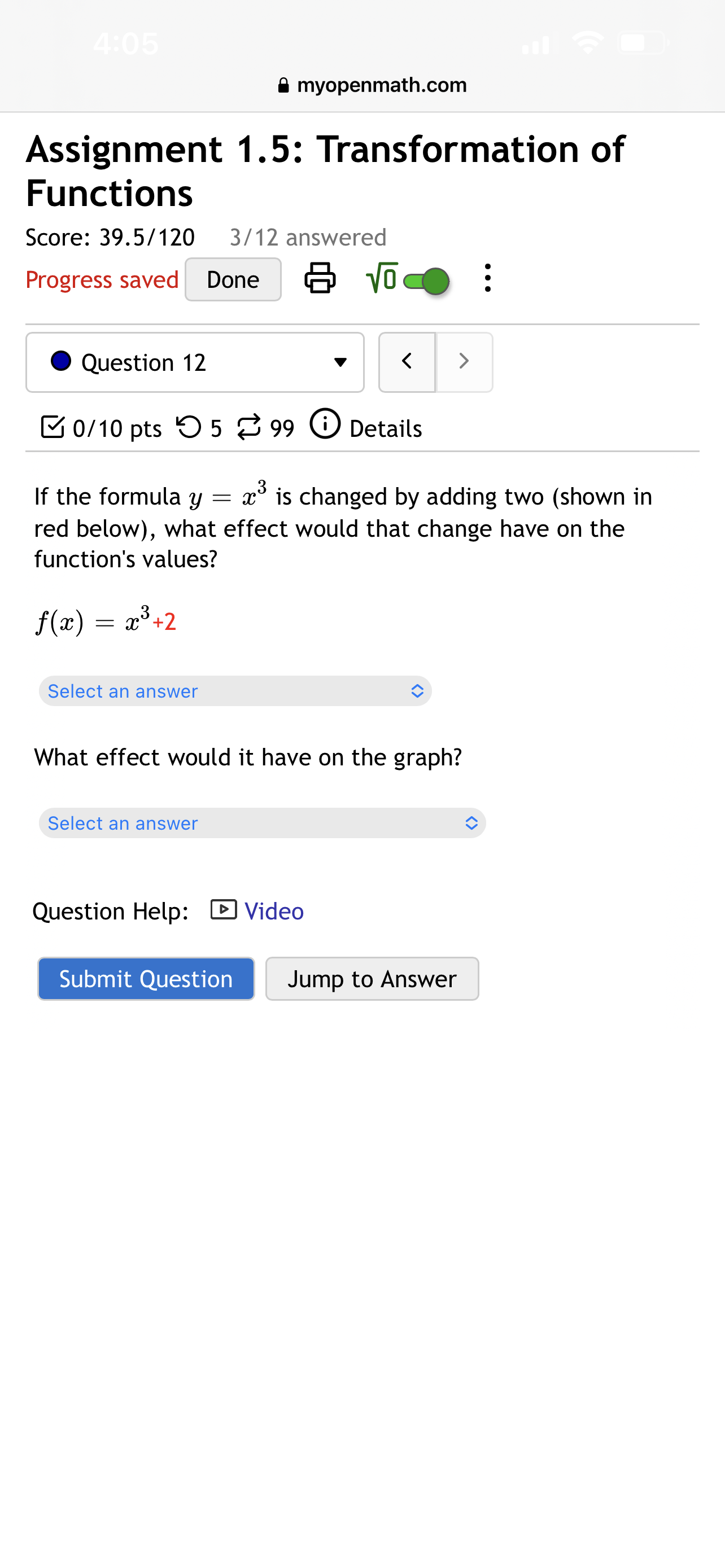 Power Functions and Polynomial Functions Score: 0/50 0/5 answered Progress saved Done