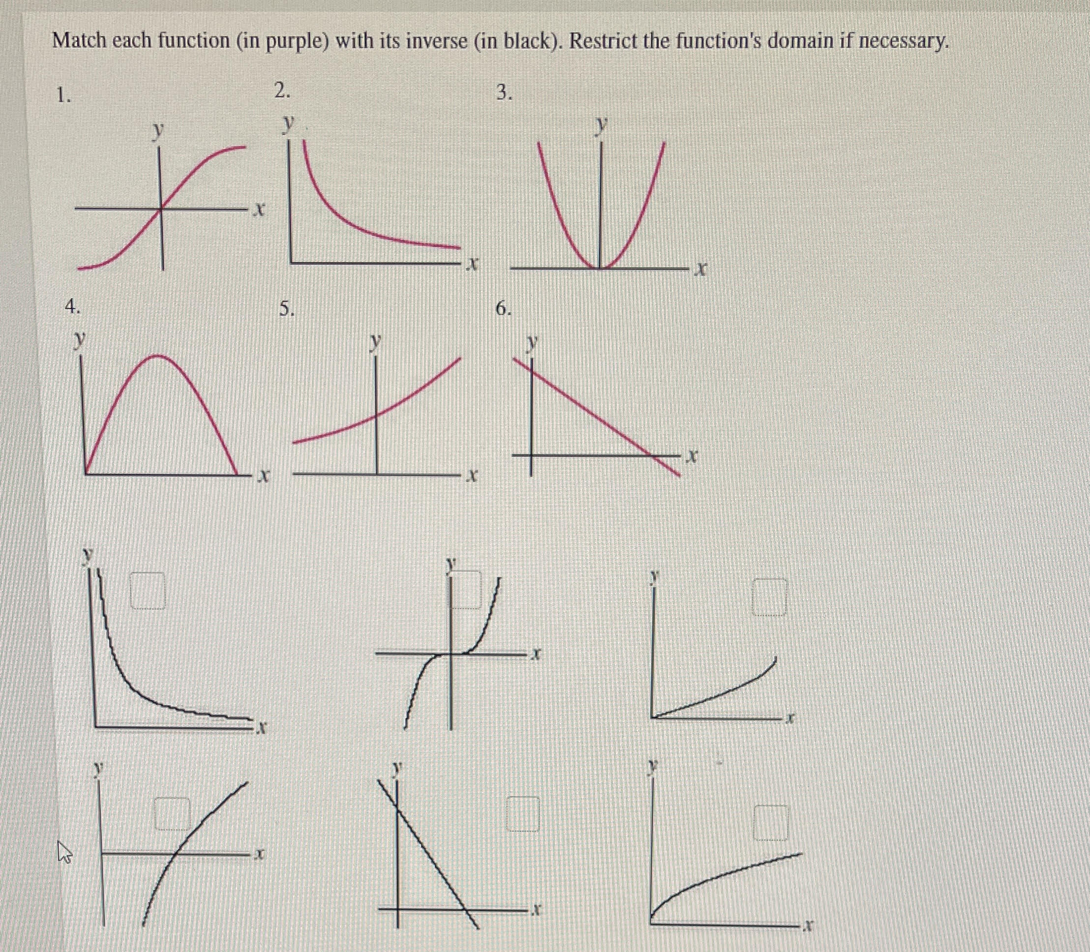  1. Match each function (in purple) with its inverse (in black).