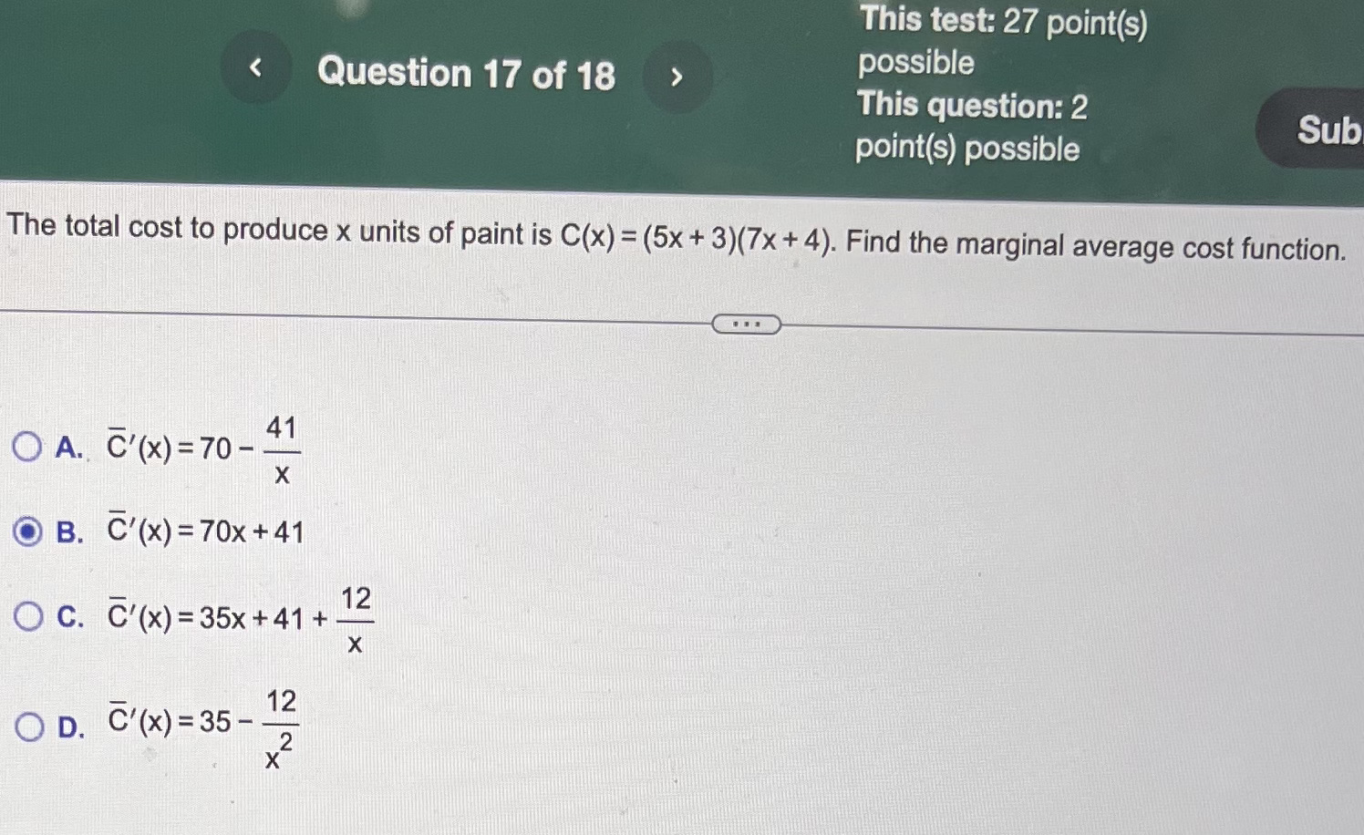 total cost to produce x units of paint is C(x) = (5x