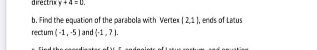 the parabola with Vertex ( 2,1 ), ends of Latus rectum (