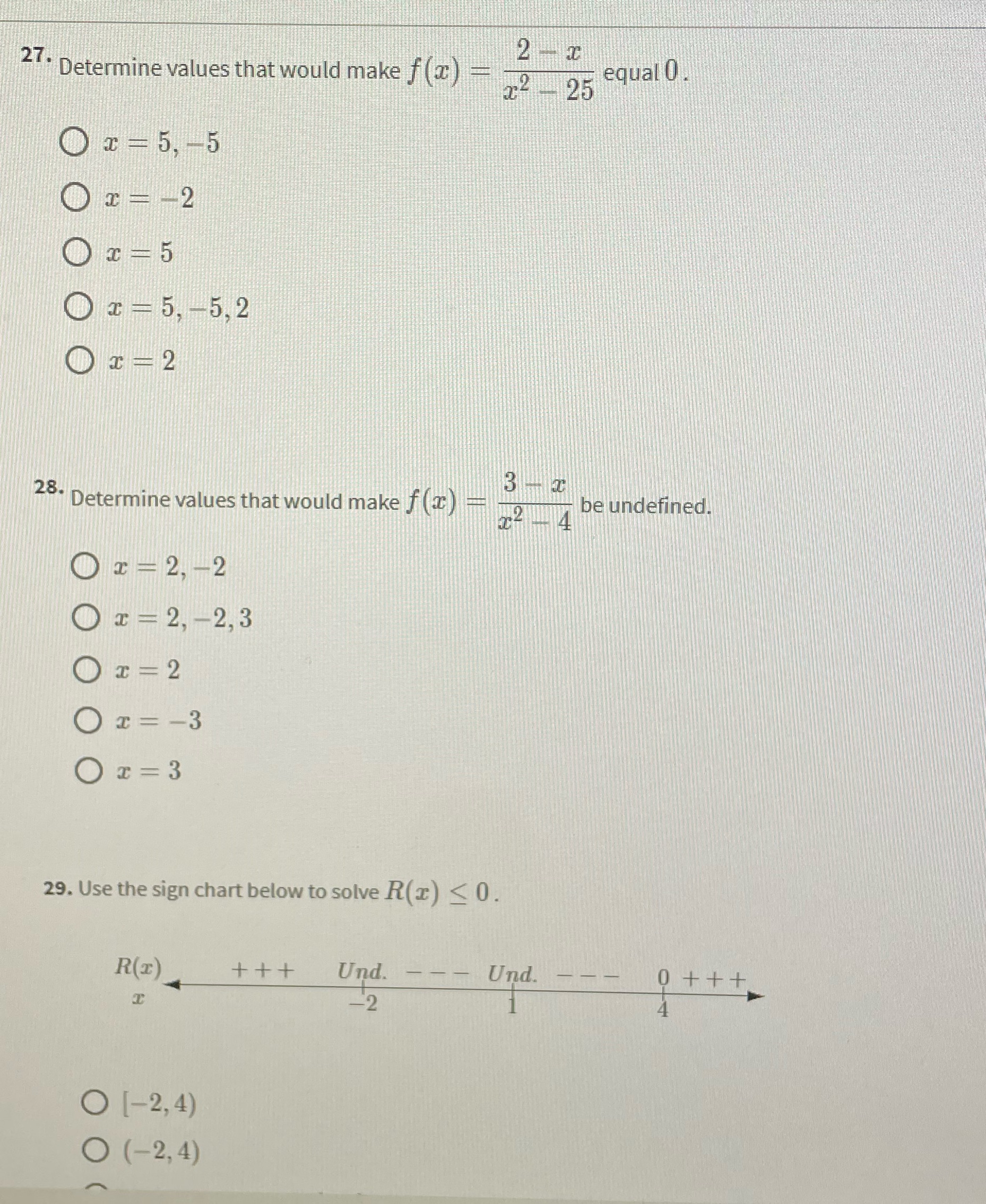 25 equal 0 O c = 5, -5 OF = -2 O