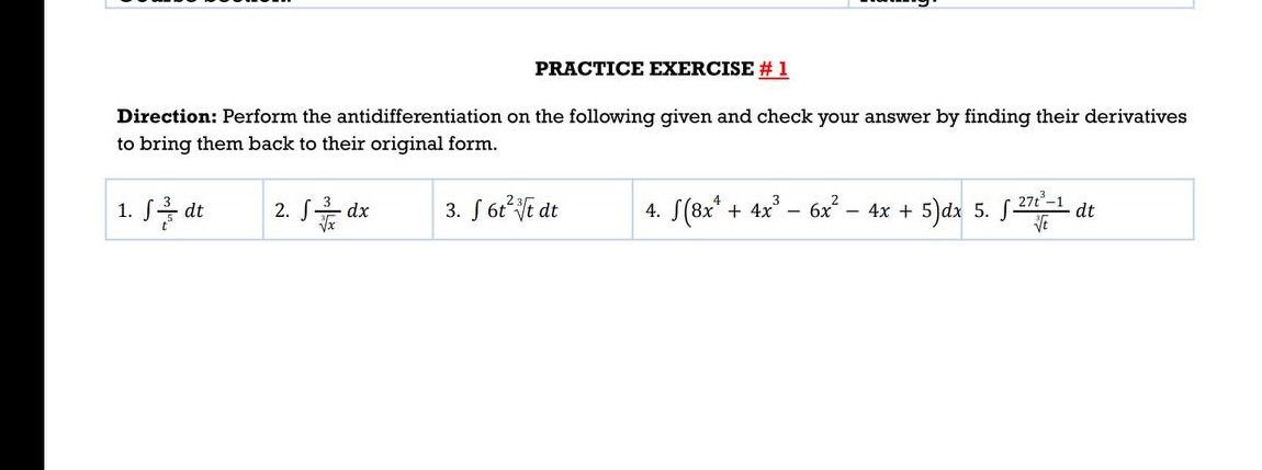 on the following given and check your answer by finding their derivatives