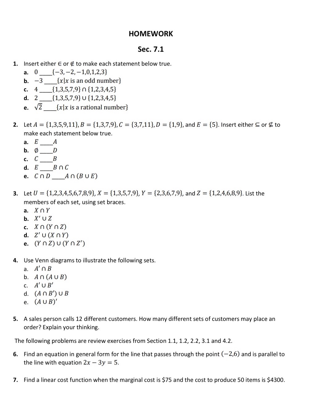 Please help HOMEWORK Sec. 7.1 1. Insert either E or E