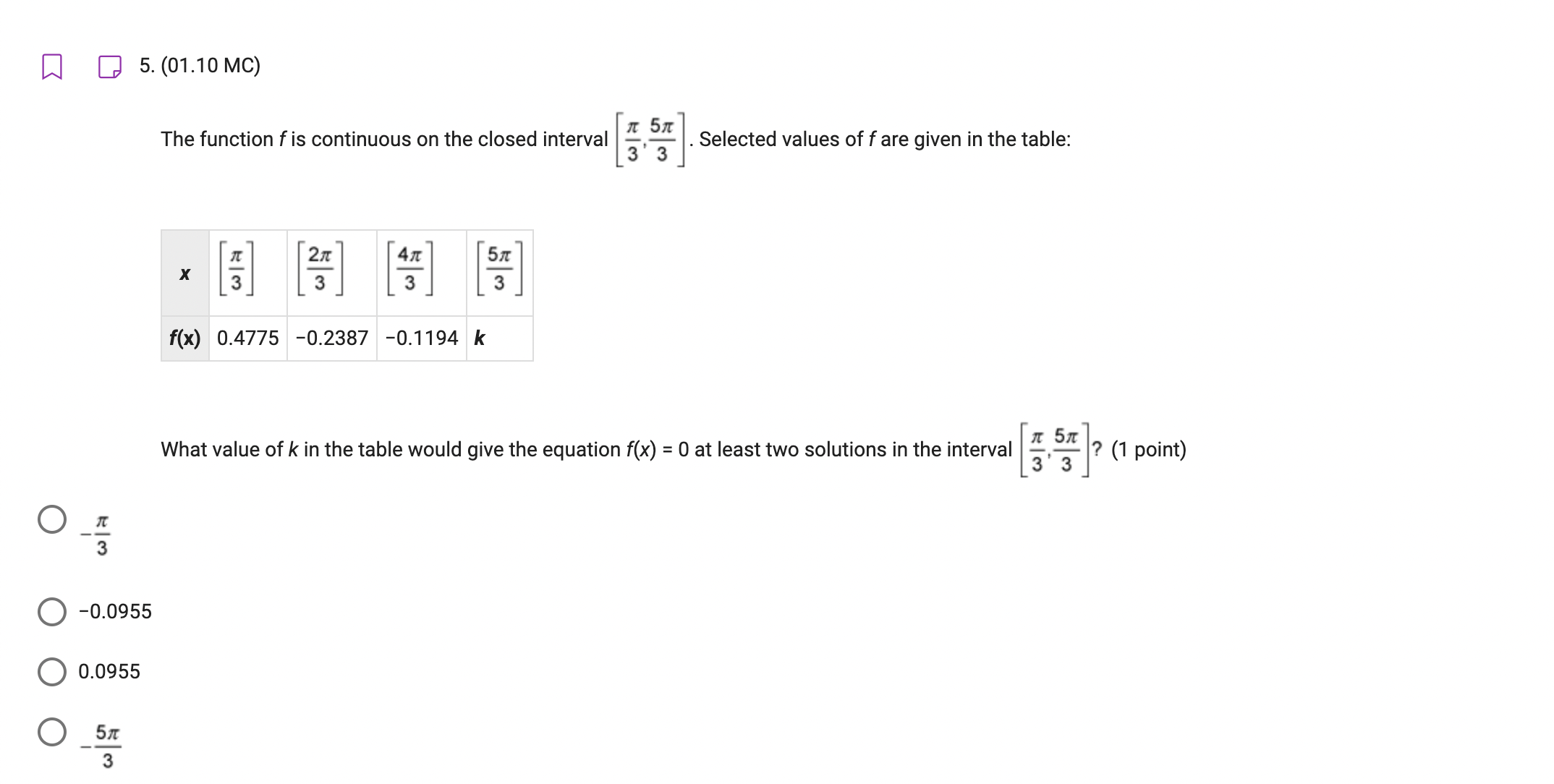  I] [3 5. (01.10 MC) The function fis continuous on the