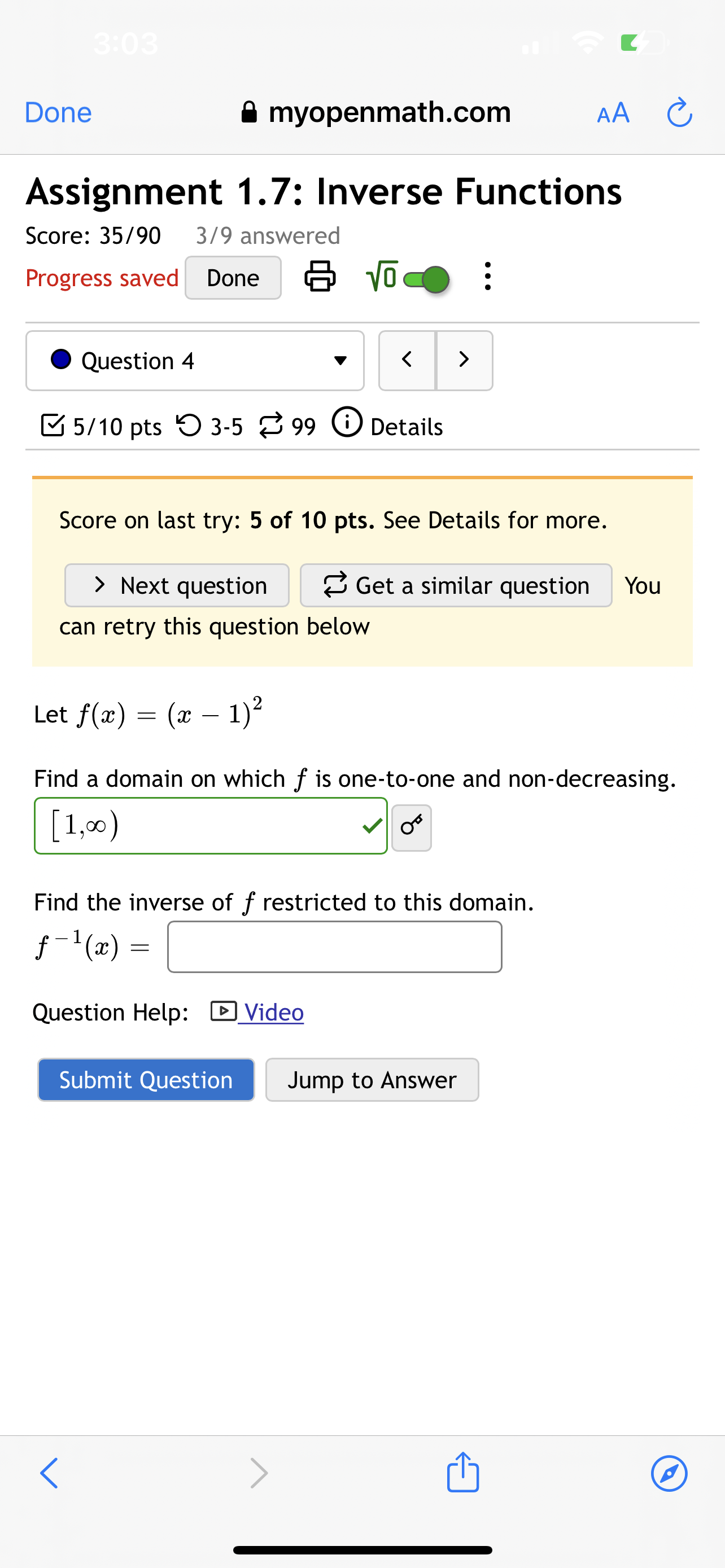 Jump to Answer 3:03 C Done myopenmath.com AA C Assignment 1.7: Inverse