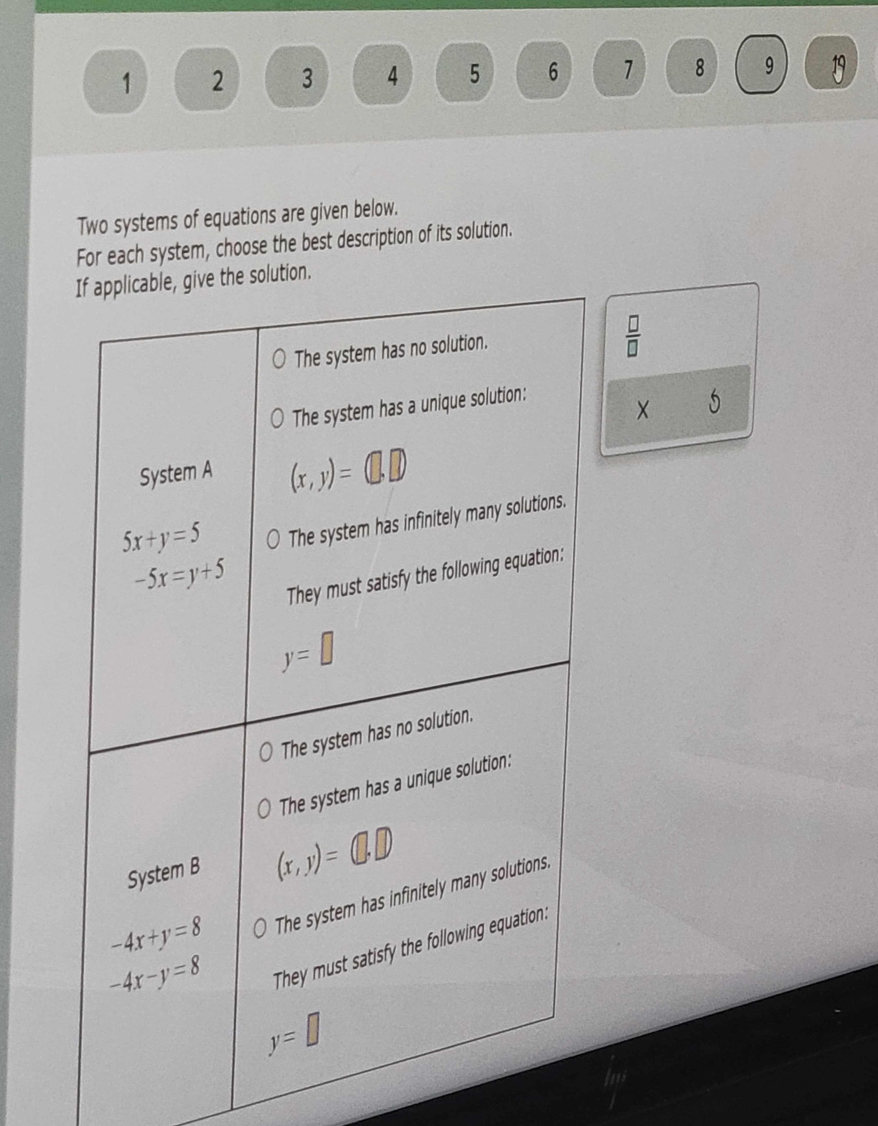 of equations are given below. For each system, choose the best description