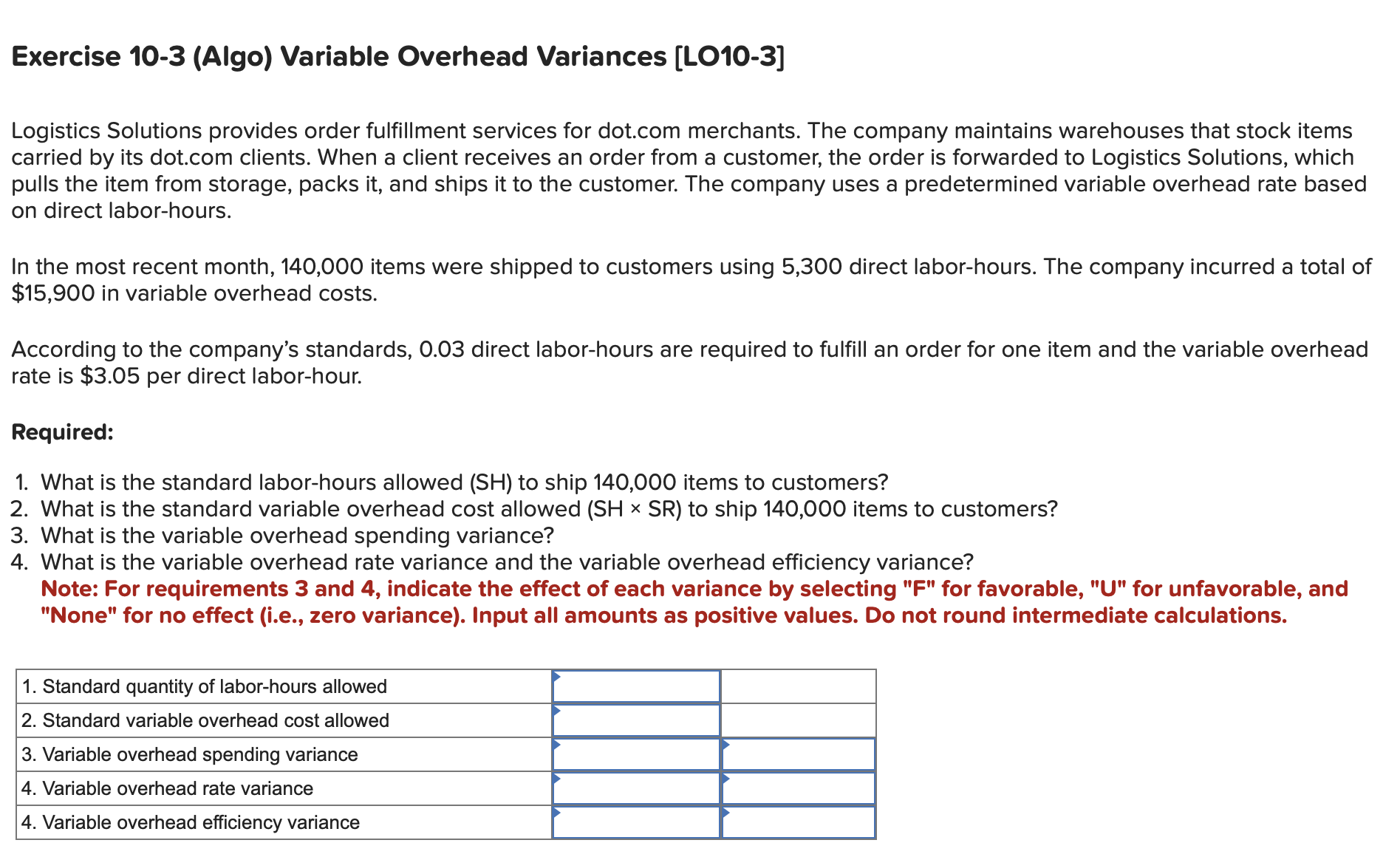  Exercise 10-3(Algo) Variable Overhead Variances [L010-3] Logistics Solutions provides order fulfillment