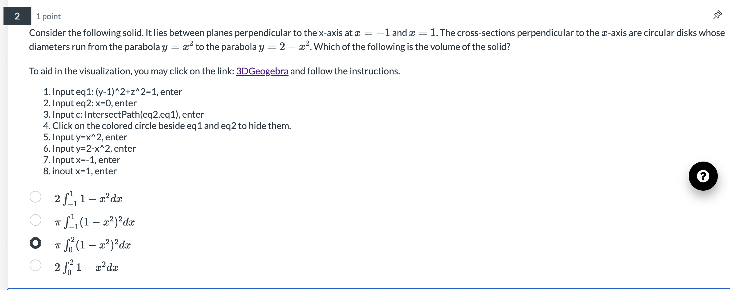 2 1 point Consider the following solid. It lies between planes