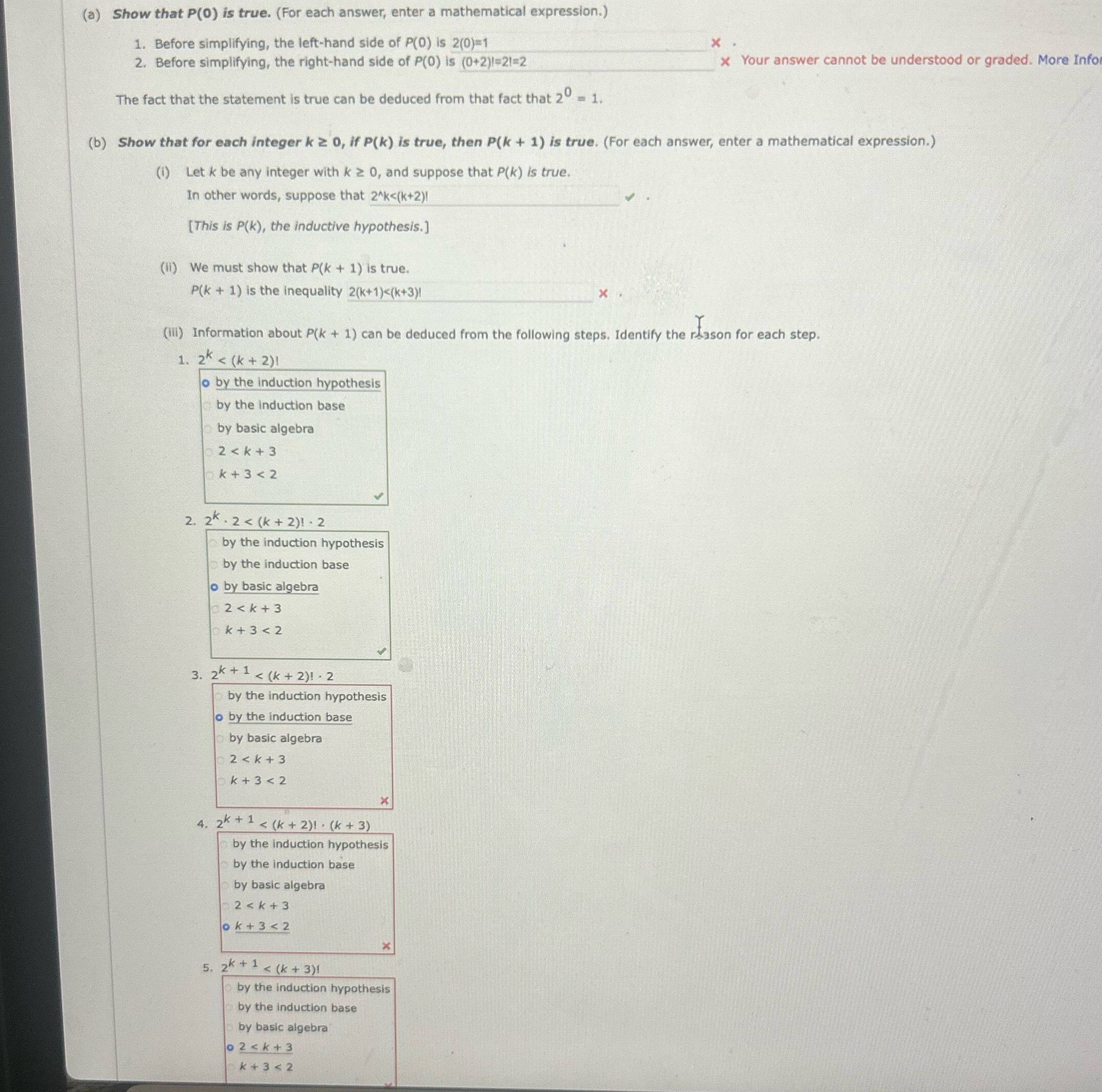 (a) Show that P(0) is true. (For each answer, enter a