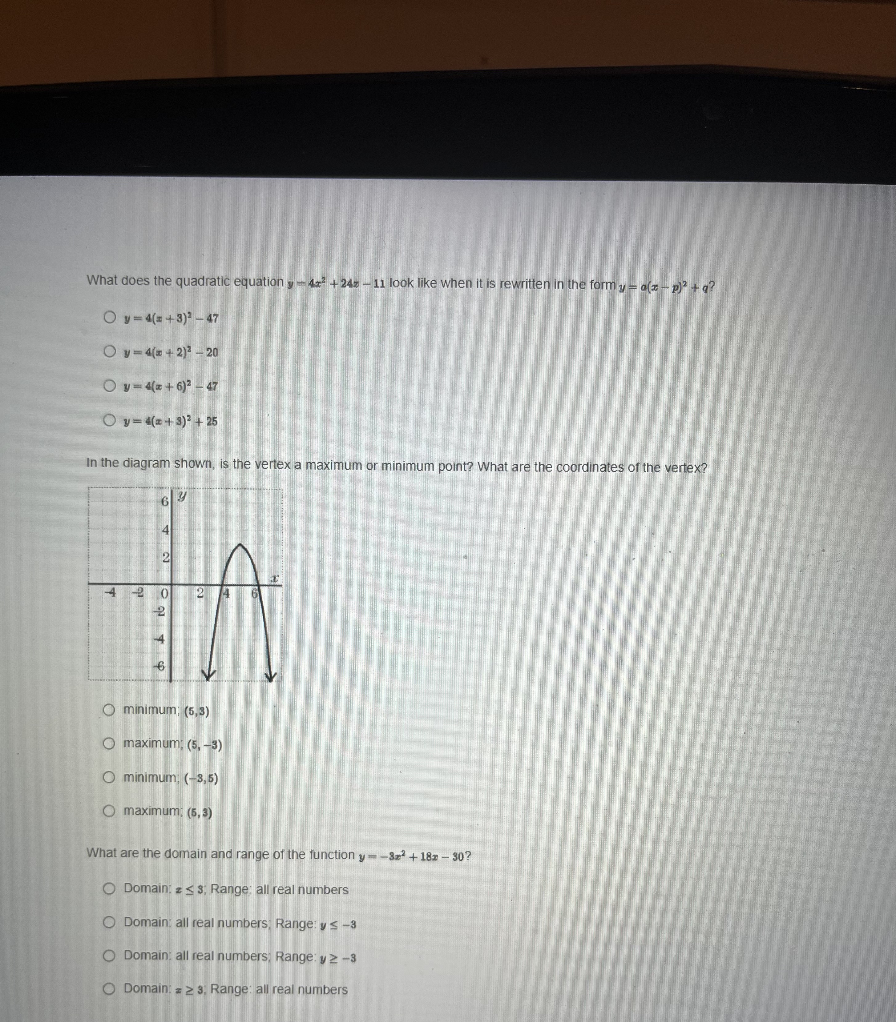 a(z - p)? + ? O y = 4(z +3)2 - 47