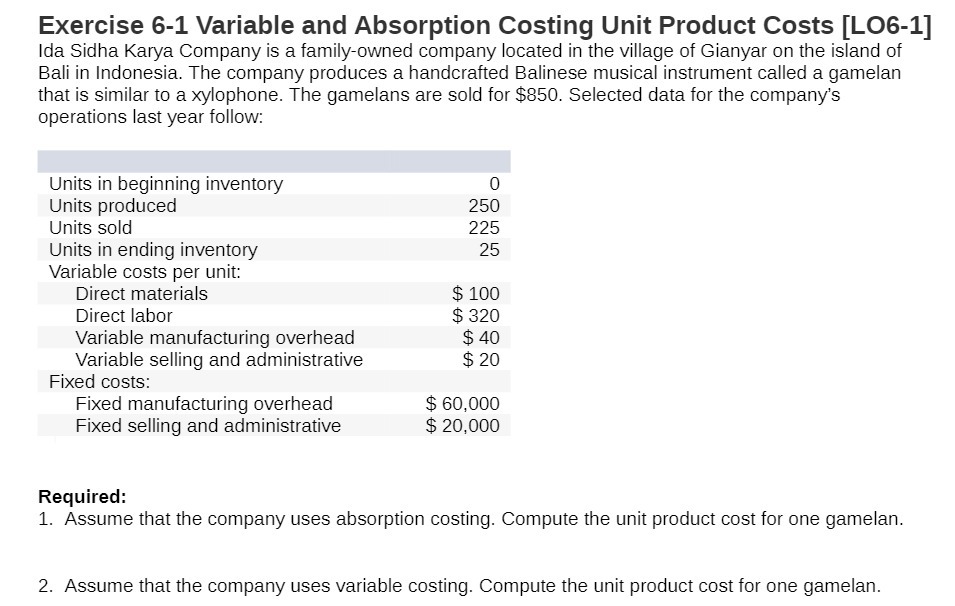  Exercise 6-1 Variable and Absorption Costing Unit Product Costs [LOG-1] Ida