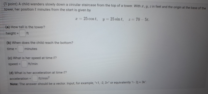 the top of a tower. With c, 1, z in feet and